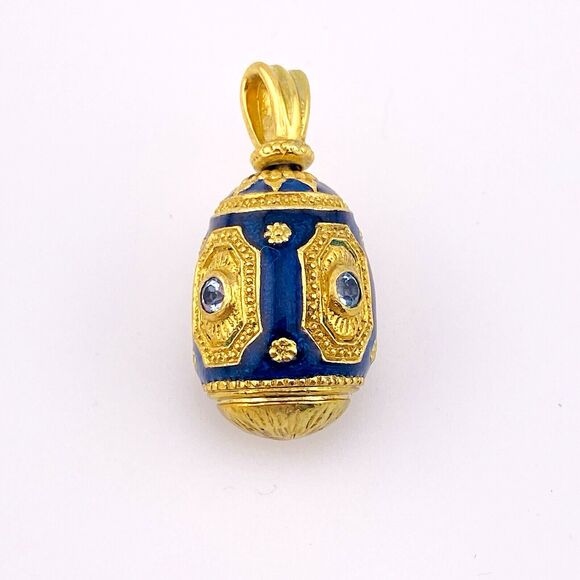 Enamel Easter Egg Pendant Vintage Rich Gold Plate Blue Topaz Crystal Swivel Bail - Picture 2 of 7
